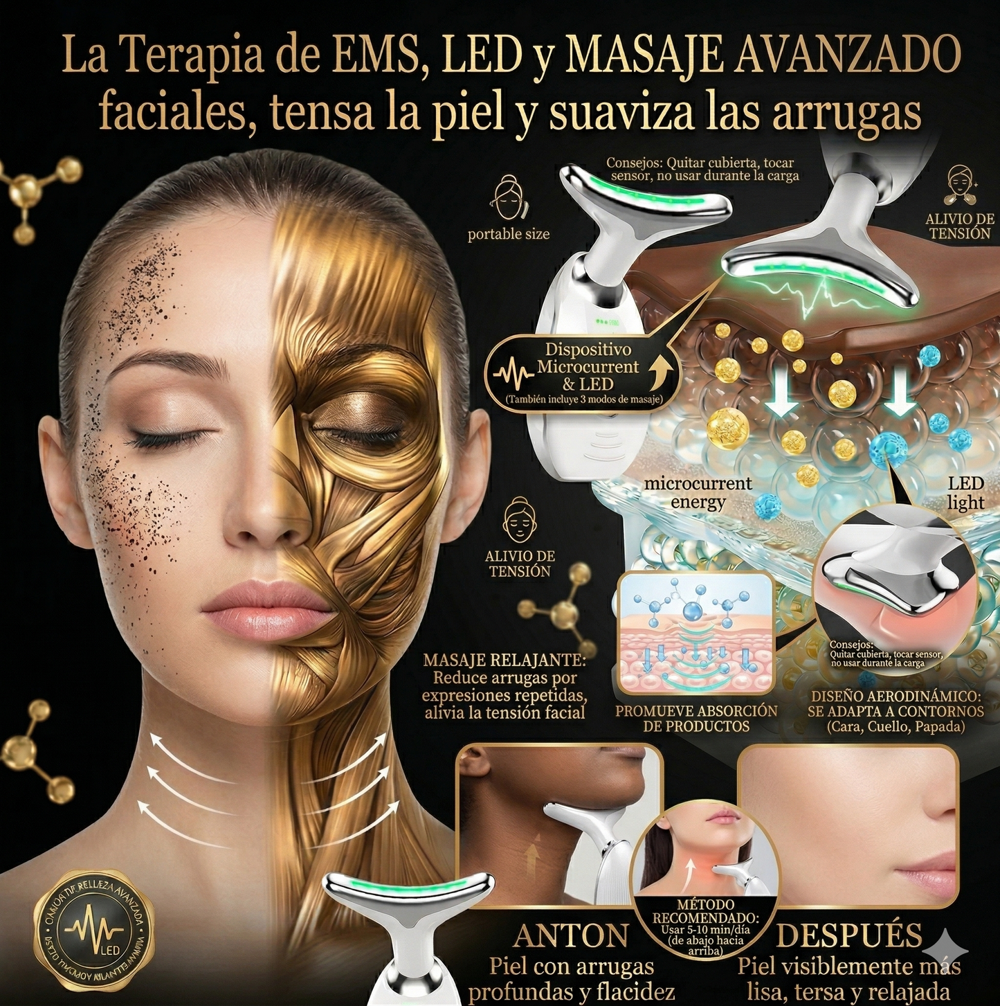 Masajeador Facial EMS + LED — Elimina Papada y Reafirma tu Piel en Casa